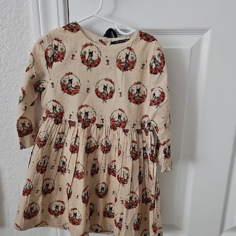 Cream and Brown Pleated Sundress with Cuffed Long Sleeves